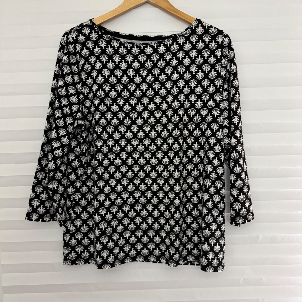 Talbots Tee Womens XL Black‎ White Floral Print 3/4 Sleeve Boat Neck Top